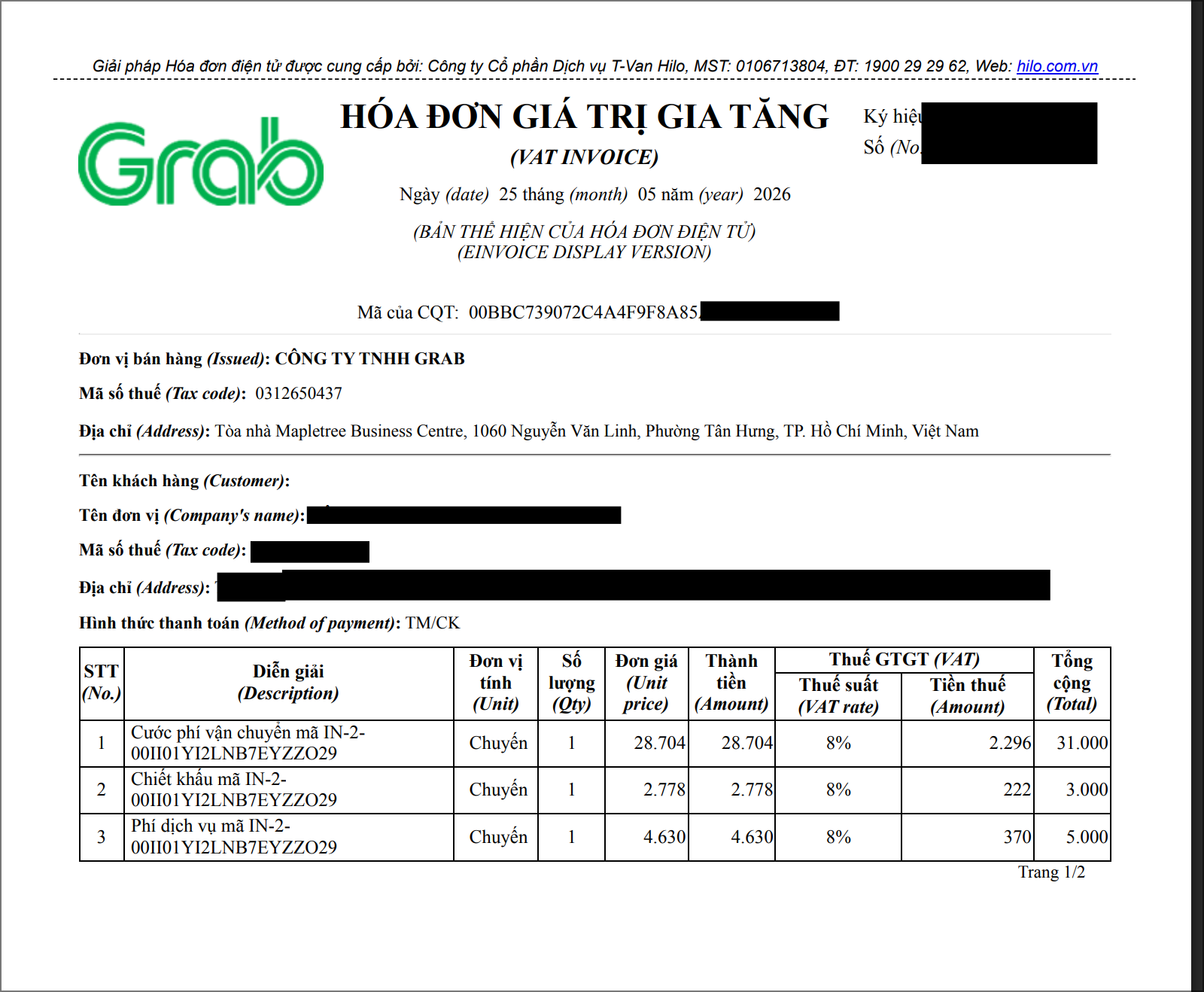 Kết quả danh sách hóa đơn Grab