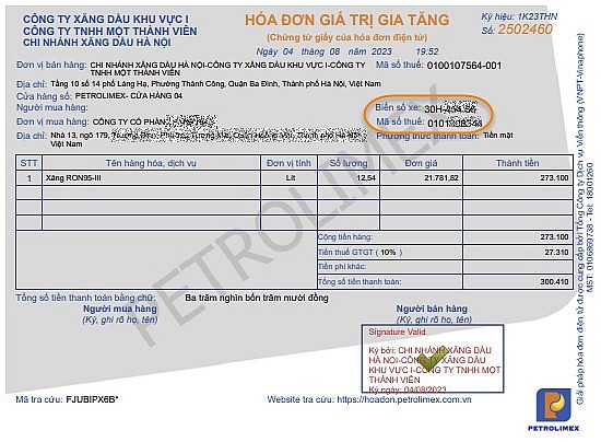 Kết quả danh sách hóa đơn Petrolimex
