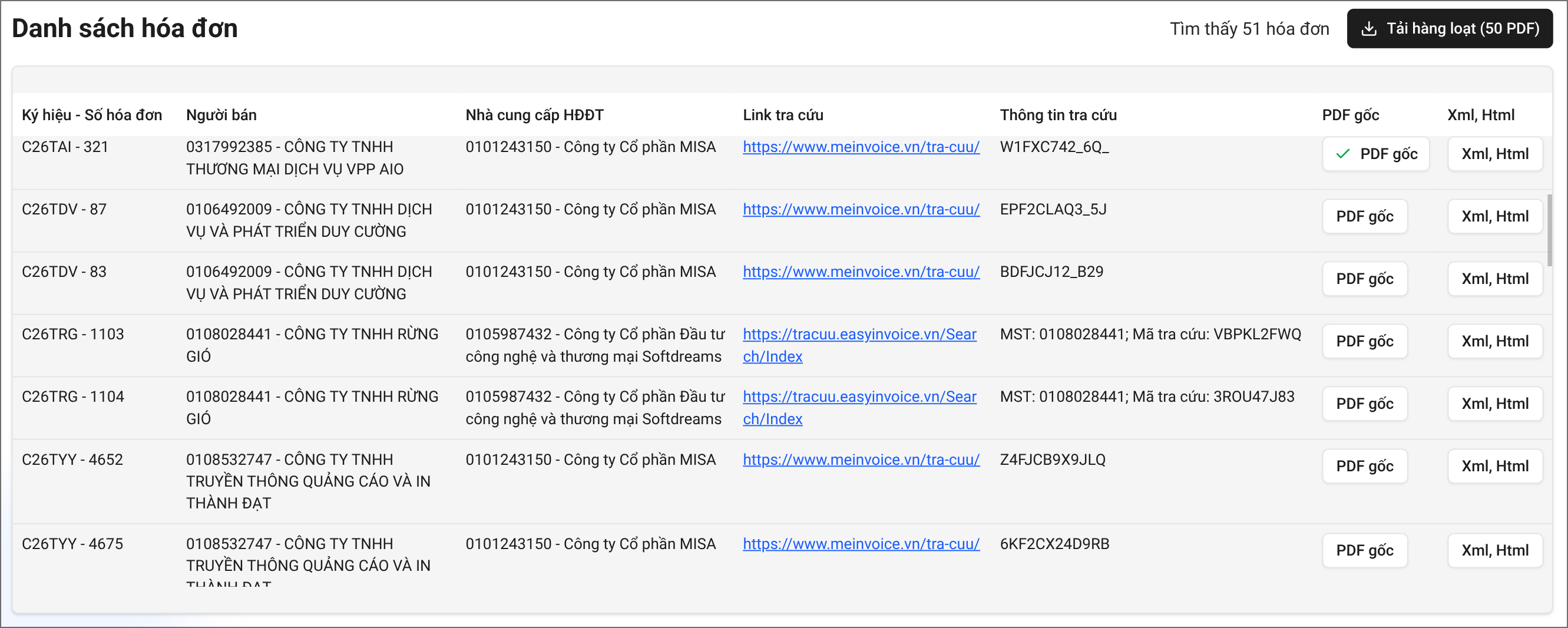 Giao diện tra cứu hóa đơn hàng loạt